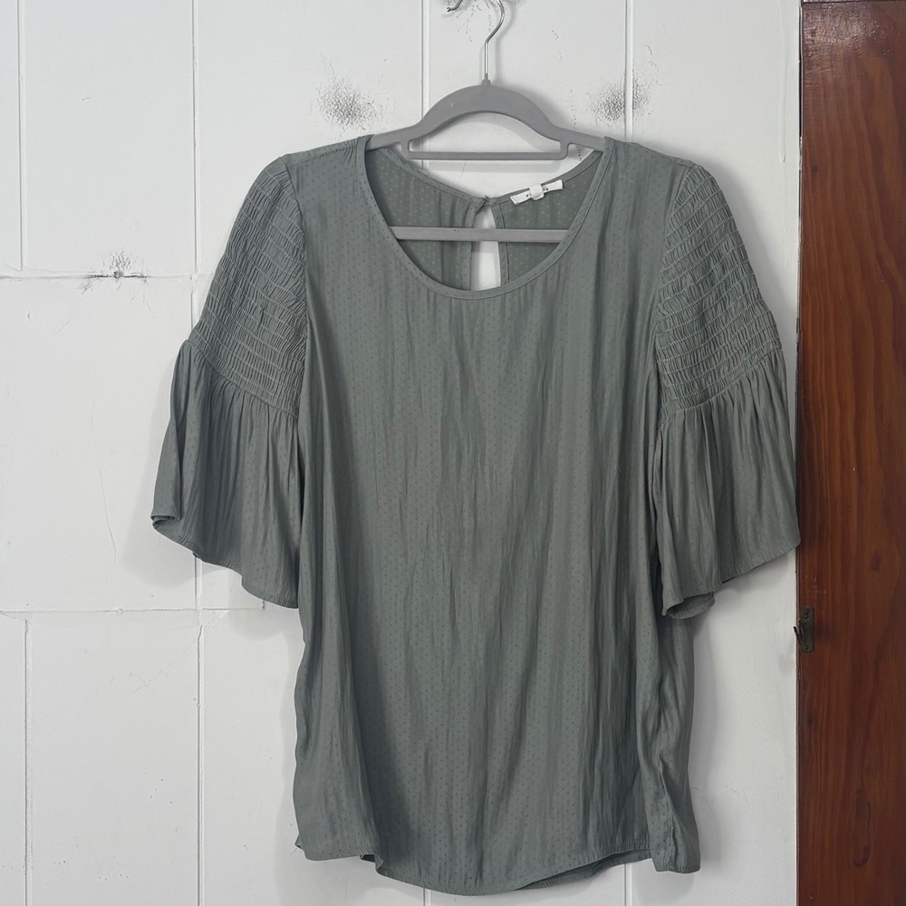 Pleione Sage Green Swiss Dot Smocked Bell Sleeve Blouse Women Medium